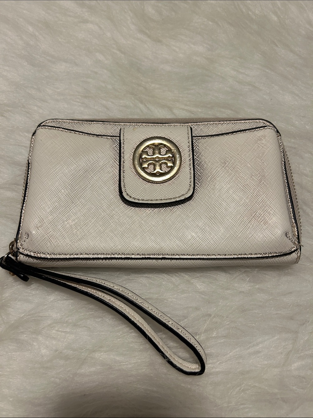 Tory Burch Cream Leather Wristlet with Gold Logo